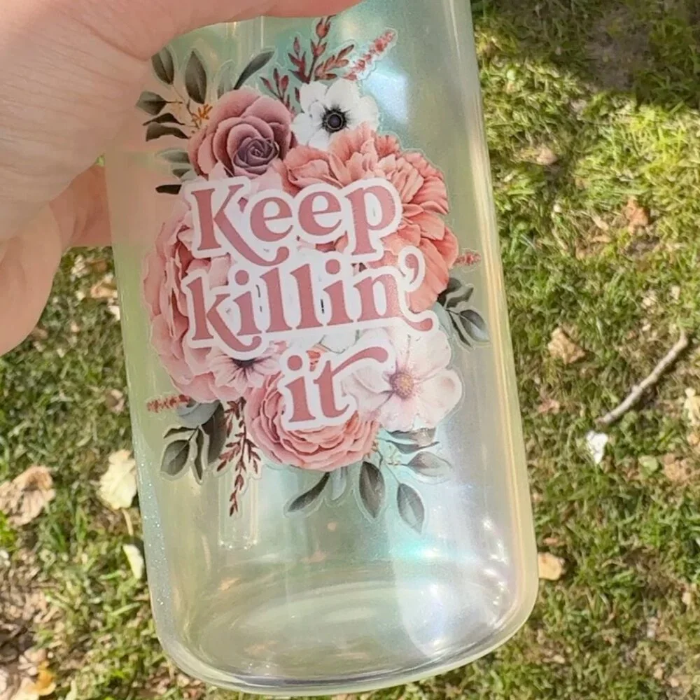 Keep Killin' It 16oz Glass Beer Can Tumbler with Matching Keychain, Handmade